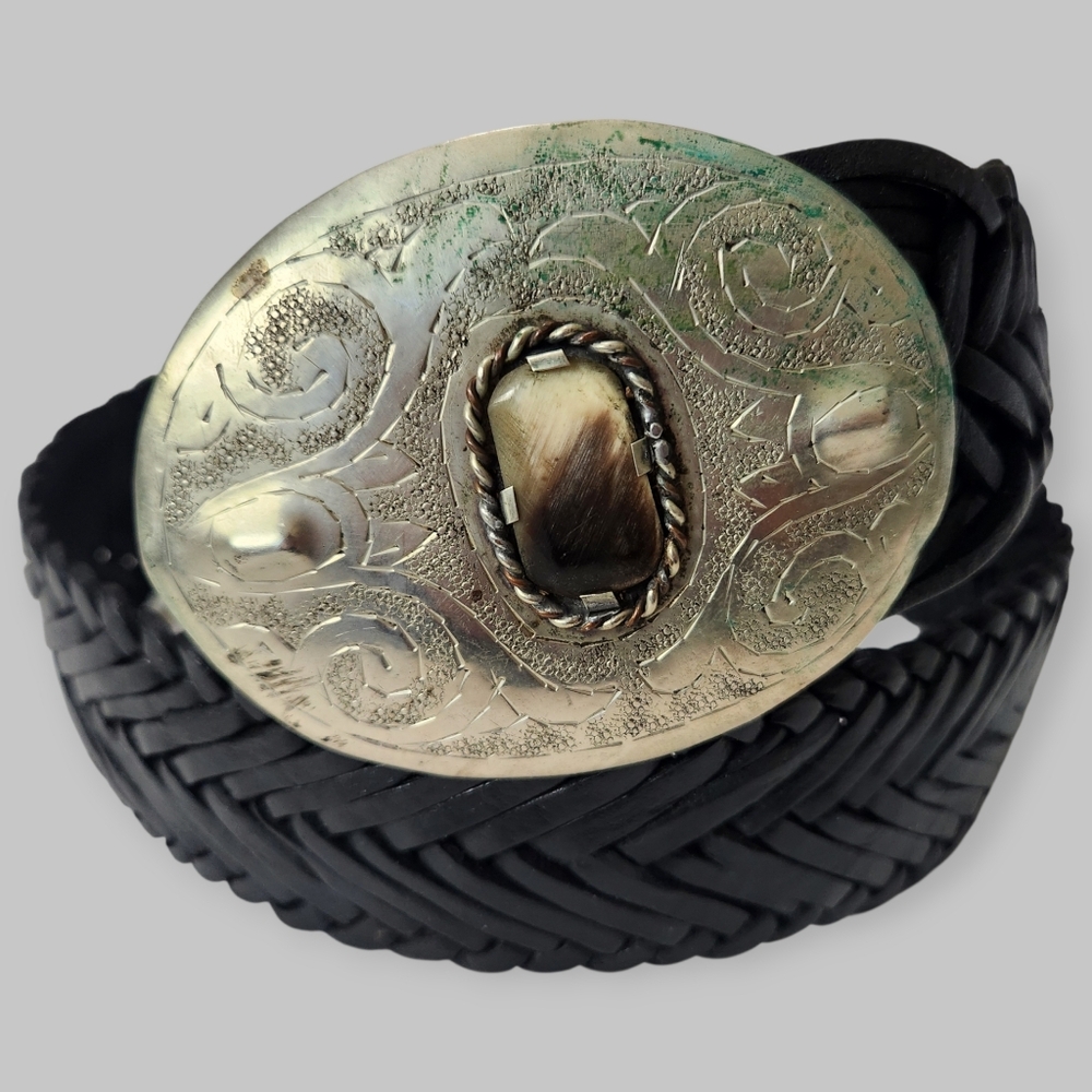 Vtg Moroccan Belt Braided Black Leather Handmade Silver Buckle Gypsy Boho S/M
